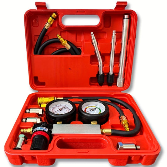 Engine Compression Tester and Cylinder Leak Down Tester Kit TU-21 Dual Gauge Leakdown Detector for Car Motorcycle Truck Gasoline Engine Pressure Diagnostic Tool