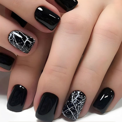 Press On Nails 96-Piece Short Square Black Ice-Crack Pattern Glossy Full-Cover Set with Nail Glue