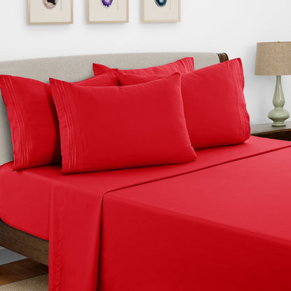 Bed Sheet Set Brushed Microfiber with Embroidered Pillowcases, 16-Inch Pocket and 4- or 6-Piece Sizing
