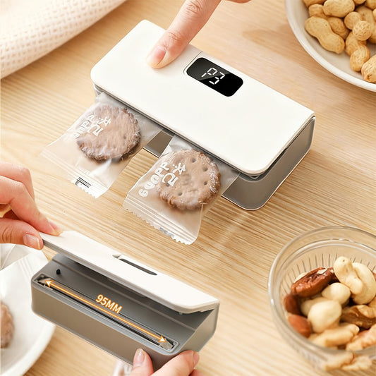Portable Mini Bag Sealer USB Rechargeable – Handheld Food Sealer with Built-In Cutter for Fruits, Vegetables, Snacks & Chips – Compact Kitchen & Outdoor Picnic Sealing Tool, White & Blue
