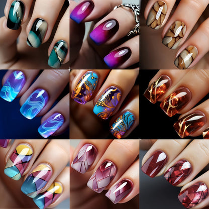 Press On Nails 216-Piece Medium Square Set with Marble, Stripe, Gradient and Flame Designs
