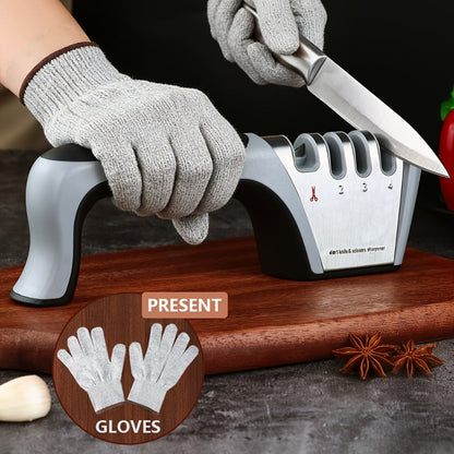 Four-Stage Manual Knife and Scissors Sharpener in Grey with Curved Handle and Four Guided Slots