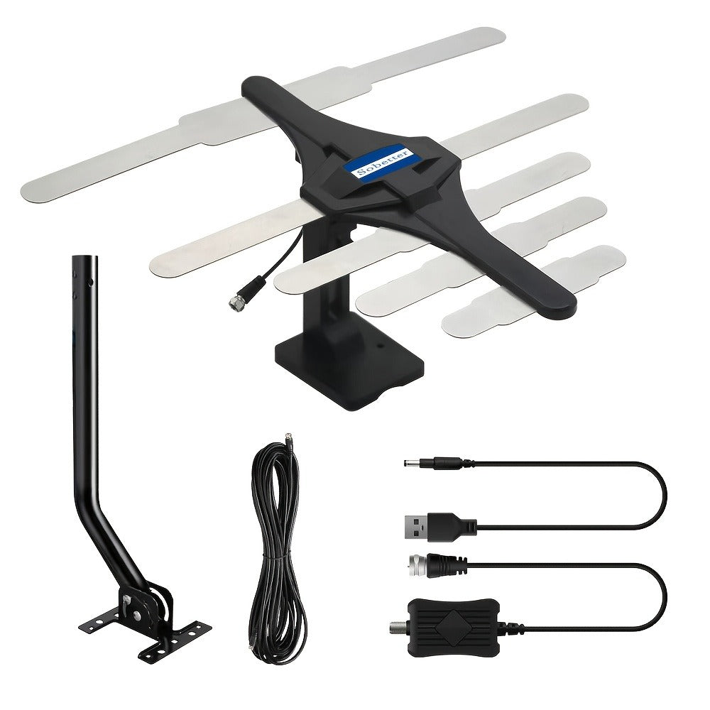TV Antenna with Multi-Arm Receiver, J-Mount Bracket, USB-Powered Amplifier and Indoor or Attic Setup