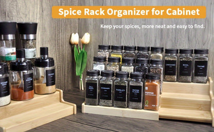 Bamboo Spice Rack Expandable 3-Tier Ladder Rack for Kitchen Cabinet Countertop Storage Organizer Pantry Shelf Display Stand for Spices Jars Bottles