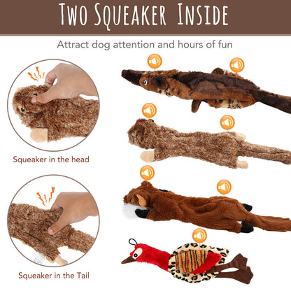 Dog Toys Five-Piece Stuffing-Free Plush Animal Set with Two Squeakers per Toy and Bonus Cotton Rope