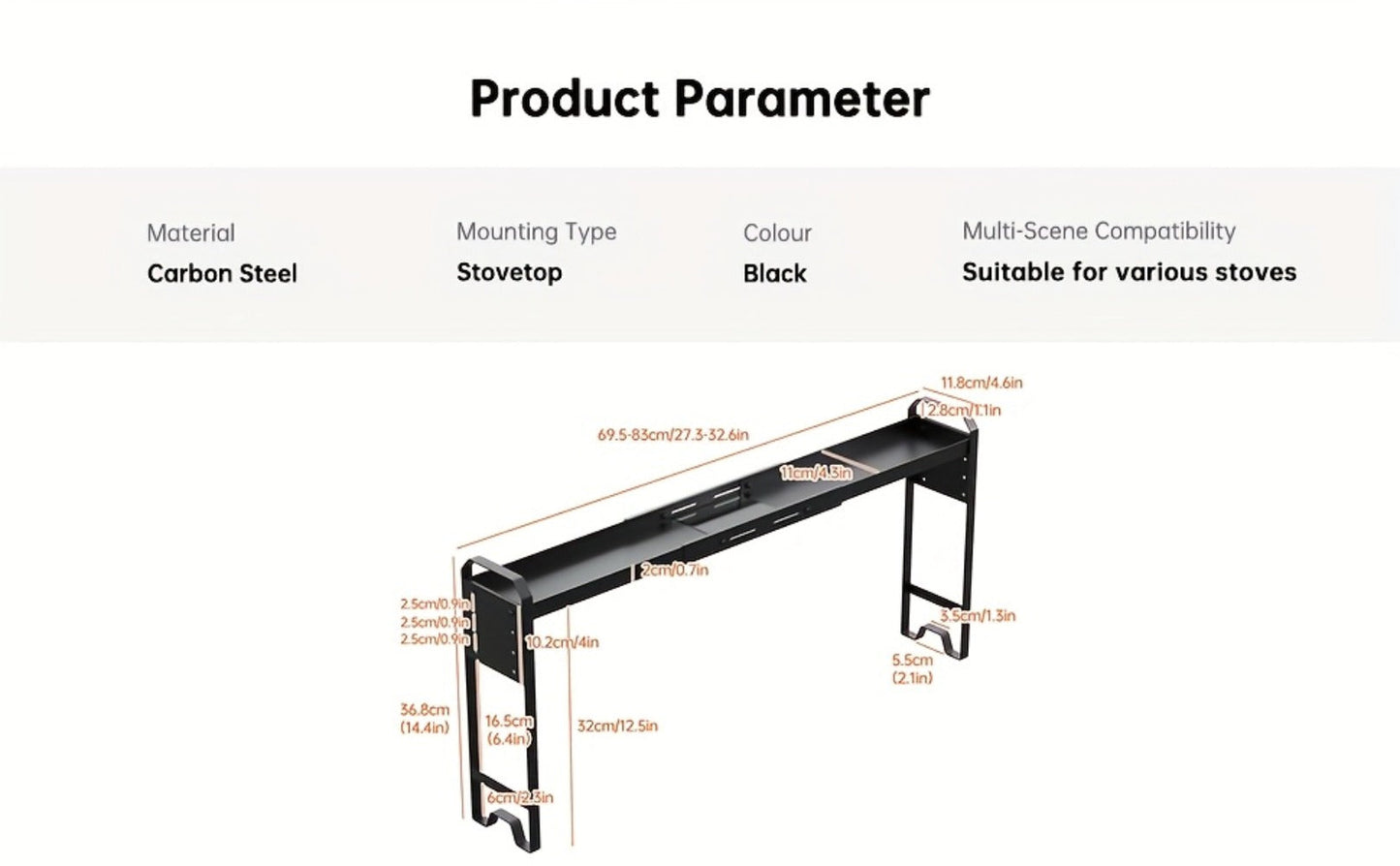 Expandable Stove Shelf Kitchen Organizer with 27.4-32.7-Inch Width, Adjustable Height and Utility Hooks