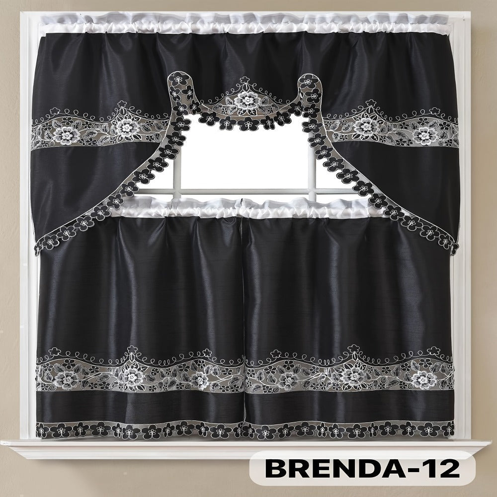 Three-Piece Patterned Kitchen Curtain Set with One Valance, Two Tiers and Forty-Six Exact Design Options
