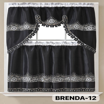 Three-Piece Patterned Kitchen Curtain Set with One Valance, Two Tiers and Forty-Six Exact Design Options