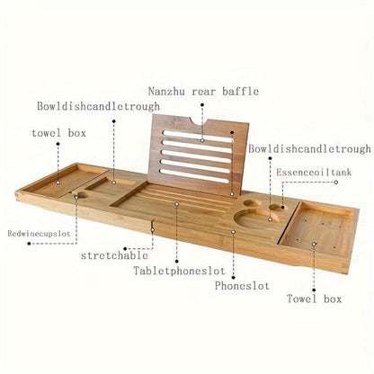 Bamboo Bath Caddy Tray with Adjustable Reading Rack - Expandable Bathtub Tray, Space-Saving Bathtub Organizer for Books