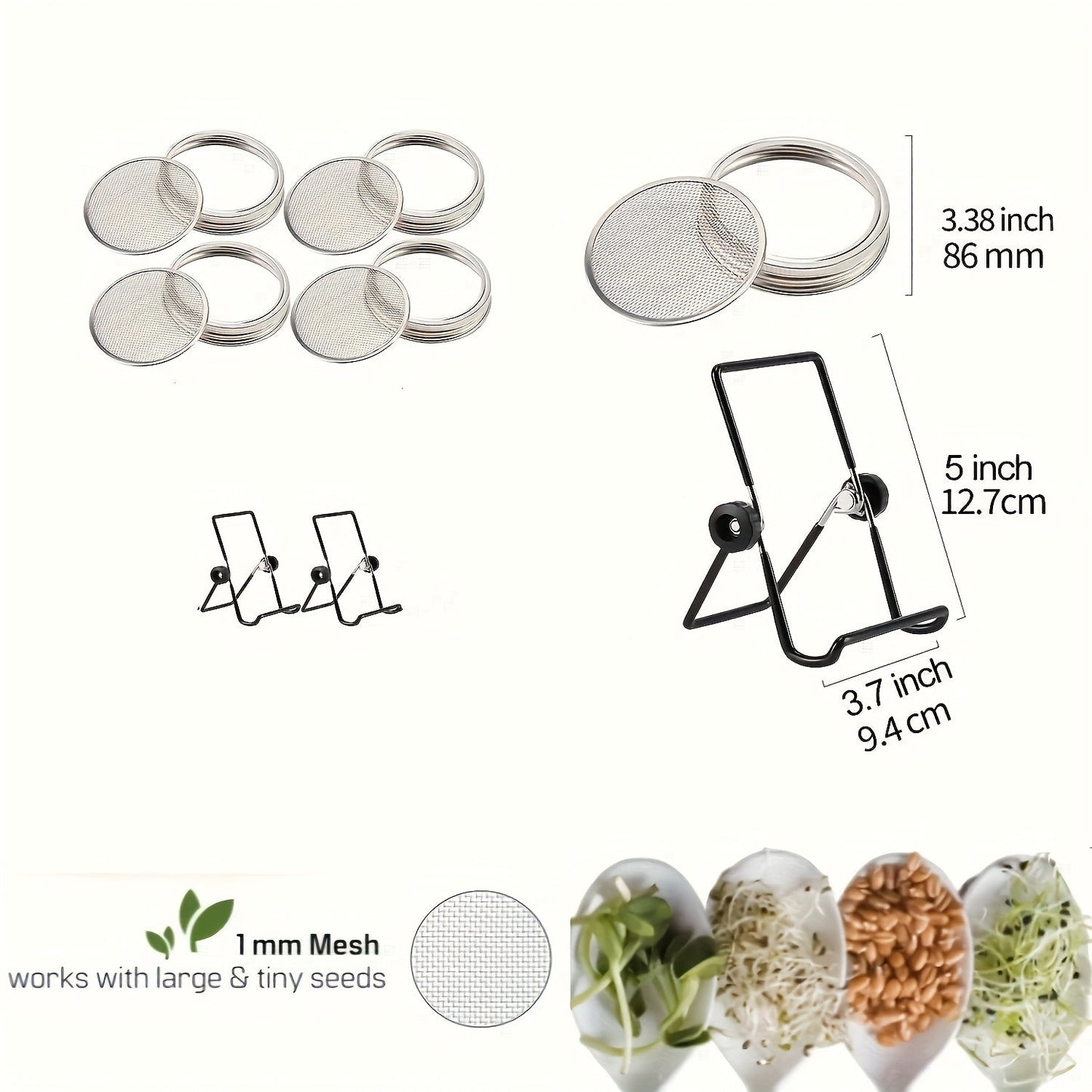 Sprouting Lids for Mason Jars 316 Stainless Steel Screen | 2pcs Lids & 2pcs Stands Wide Mouth Germination Kit | Bean Sprouts Broccoli Alfalfa Salad Seeds