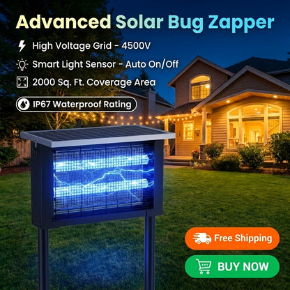 Rectangular Solar Bug Zapper with Blue Grid Light, Panel Top, Ground Stand and Hanging Chain in Black