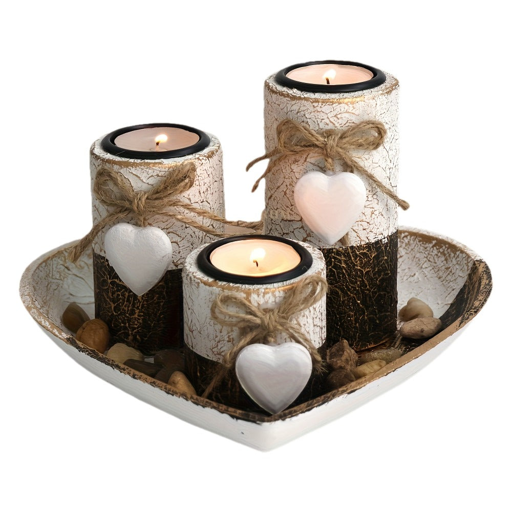 Wooden Candle Holder Set of 4 – Love Heart Tray, Tea Light Holder, Knot Bow Decoration & Decorative Stone Bowl for Home Decor, Valentine's Day, Christmas & Easter Gift