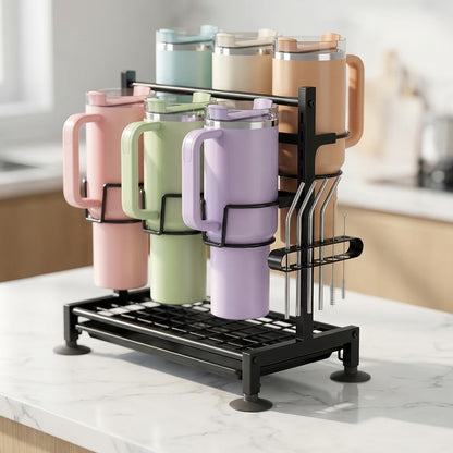 Six-Grid Adjustable Cup and Tumbler Storage Rack with Vertical Dividers, Drip Tray and Countertop Feet