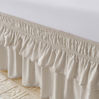 Double Ruffle Bed Skirt 16" Drop | Elastic Wrap Around Dust Ruffle for Twin Full Queen King Bed | Easy Install Machine Washable Soft Linen Poly Blend Bedskirt