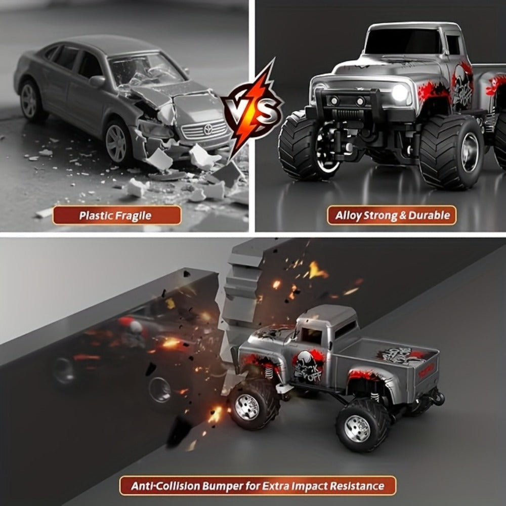 Remote Control Car, 1:64 Scale Die-Cast Monster Truck with 2.4GHz Control, LED Headlights and Five Color Options