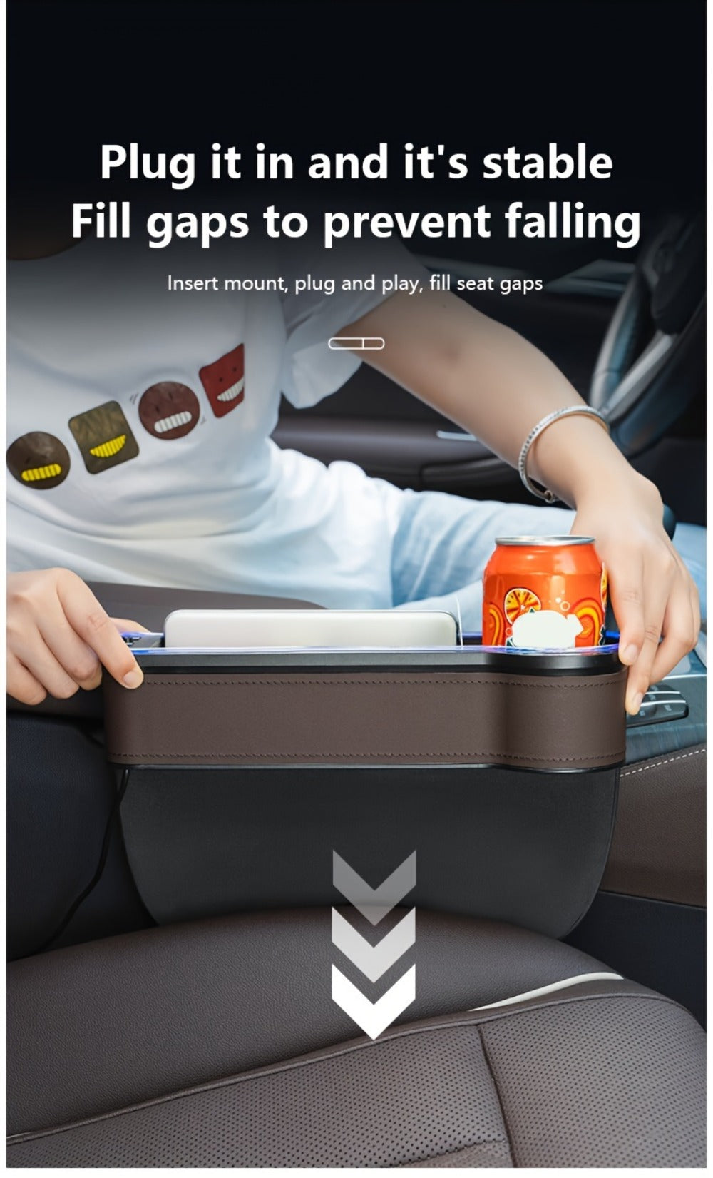 Car Seat Gap Storage Box with Phone Holder & Charger – Sundries Organizer with Ambient Atmosphere Light, Driver & Co-Pilot, 1pc or 2pc Set