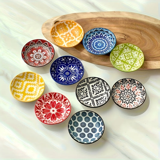 Ceramic Condiment Dish Set of 10 – Bohemian Small Saucer Dipping Bowls for Soy Sauce, Vinegar & Spices | Kitchen, Restaurant, Party, BBQ & Picnic Use | Machine Washable