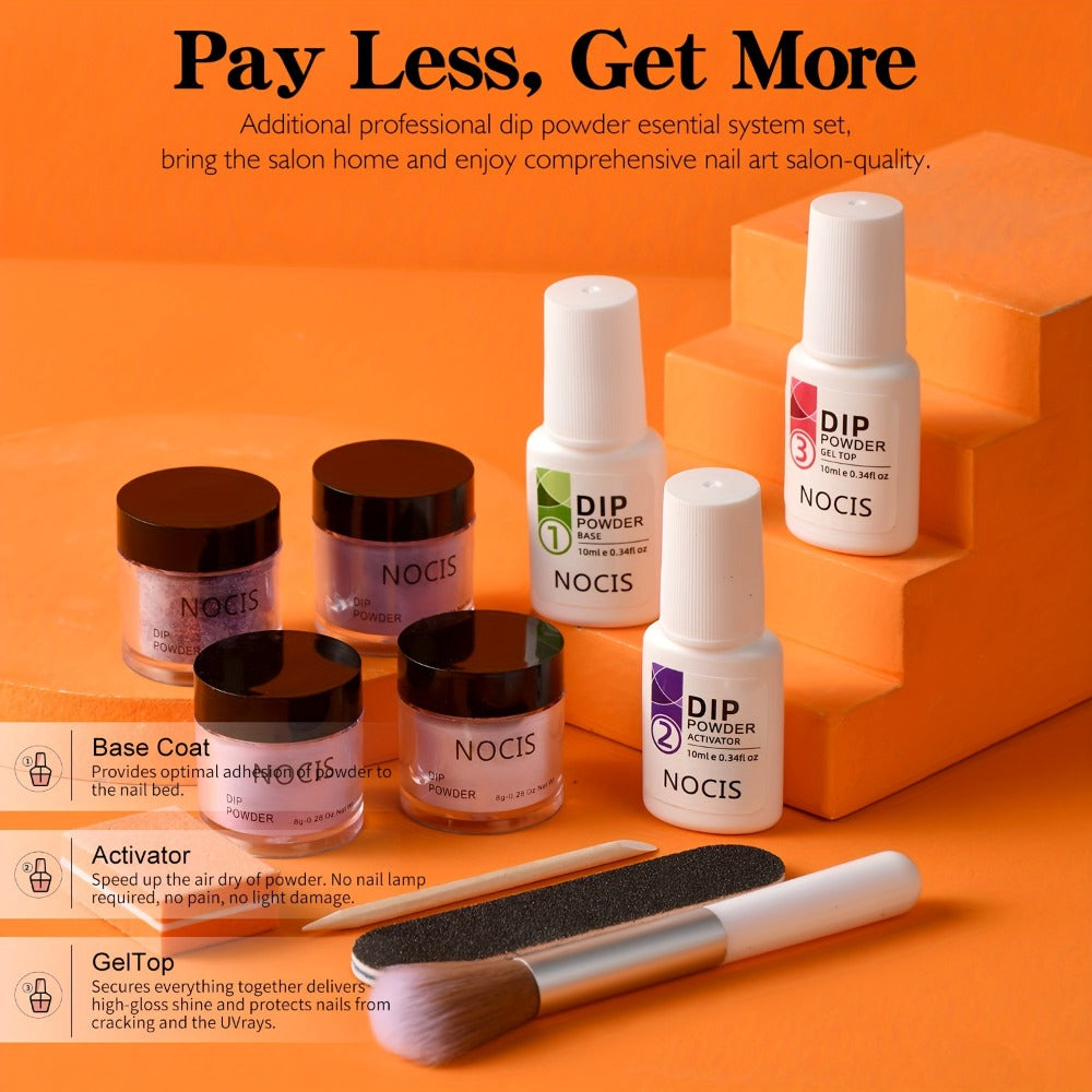 Dip Powder Nail Kit with NOCIS Label, Four Lilac Lavender Purple Glitter Powders, Three 10ml Liquids and Tools