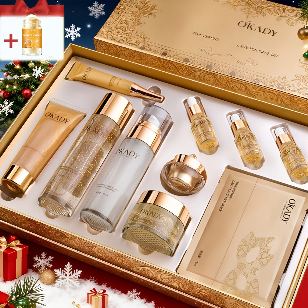 Skincare Set with OKADY Label, 10 Gold-Themed Pieces with Mud Mask Stick and Day Night Product Forms