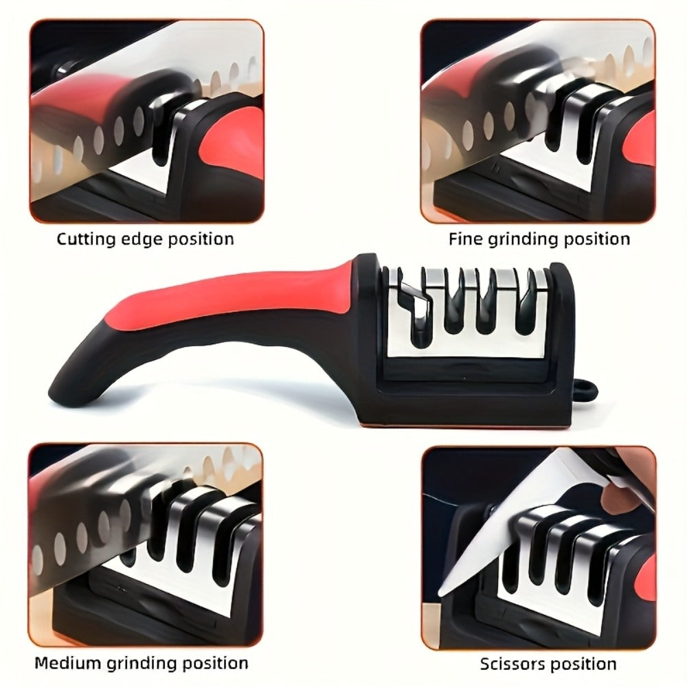 Four-Stage Manual Knife and Scissors Sharpener with Red Handle and Removable Sharpening Head