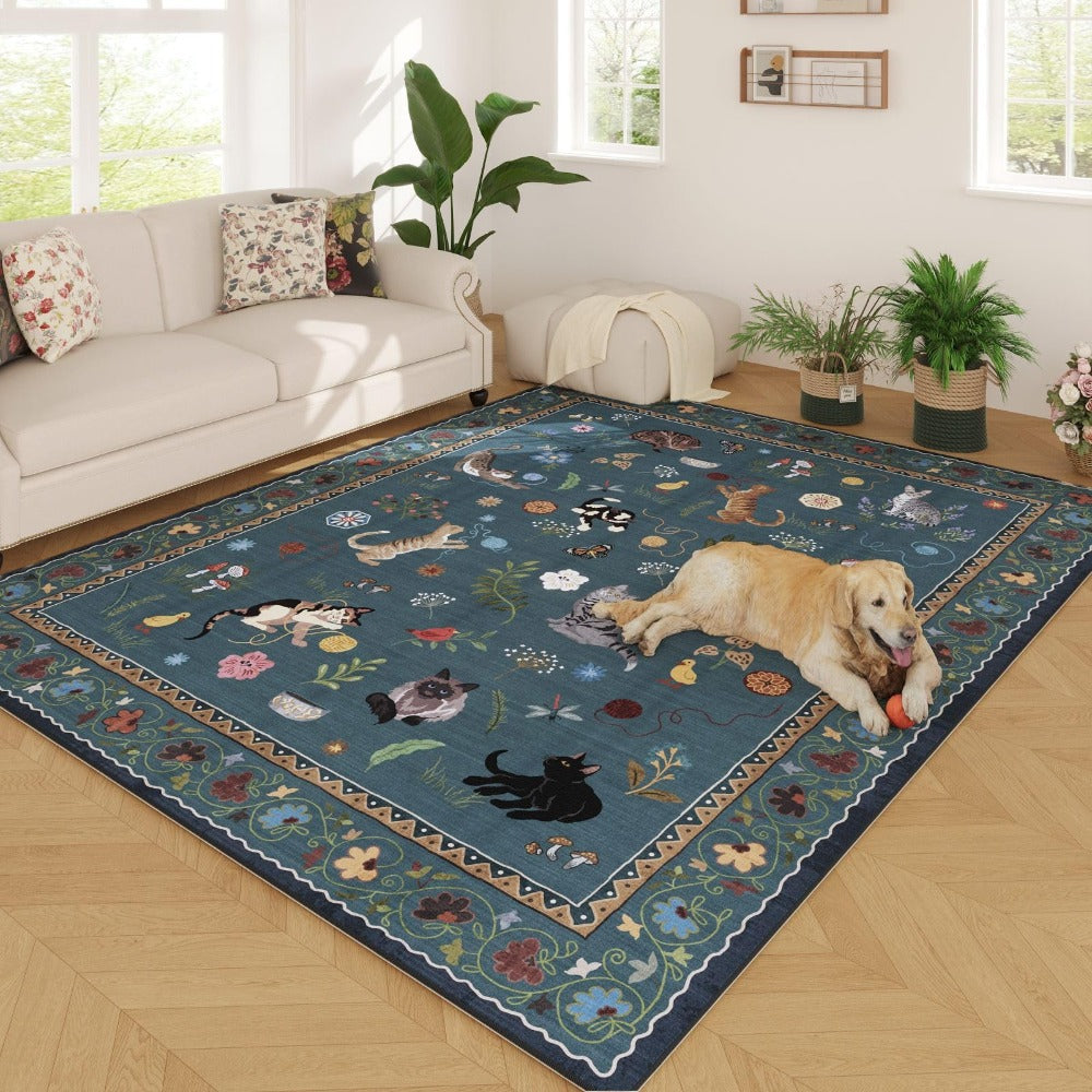 Area Rug, Vintage Blue Cat and Floral Low-Pile Carpet in Rectangle, Runner and Round Size Options
