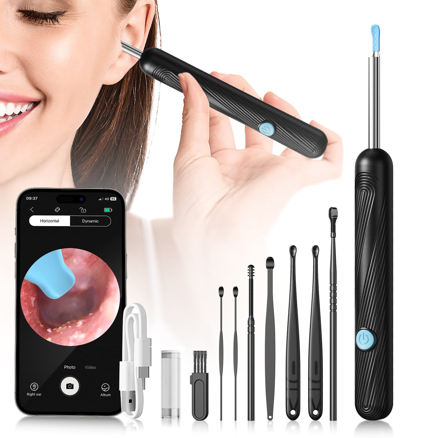 1080P-Marked Visual Ear Camera Kit with Six LED Lights, USB Charging and Black or White Accessory Sets