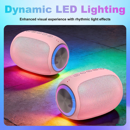 Pink Portable Wireless Bluetooth Speaker with Colored LED Lights - Foubeak Dual Speaker Stereo Sound, Rechargeable, Perfect Gift for Girls Women Christmas Birthday Valentine