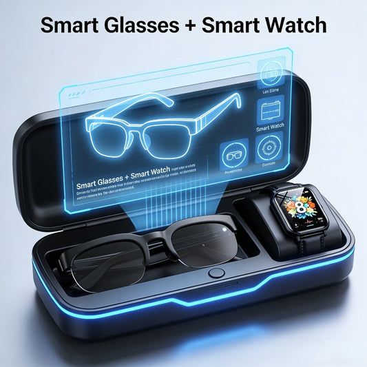 AI Smart Glasses with Real-Time Multi-Language Translation – Bluetooth Wireless Mic & Speaker, Hands-Free Calls & Music + Full Touchscreen Smartwatch Bundle | Wearable Tech Gift for Men Women