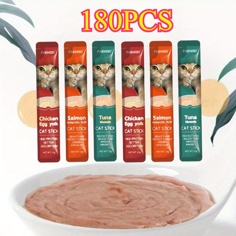 Cat Nutrition Strips 180-Piece Variety Pack – Wet Food Treats in Chicken, Salmon, Tuna, Egg Yolk, Krill & Mussel Flavors | High-Protein Lickable Cat Snacks | Soft Meat Strips for Cats of All Ages