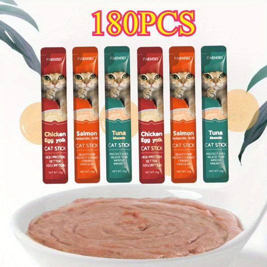 Cat Nutrition Strips 180-Piece Variety Pack – Wet Food Treats in Chicken, Salmon, Tuna, Egg Yolk, Krill & Mussel Flavors | High-Protein Lickable Cat Snacks | Soft Meat Strips for Cats of All Ages
