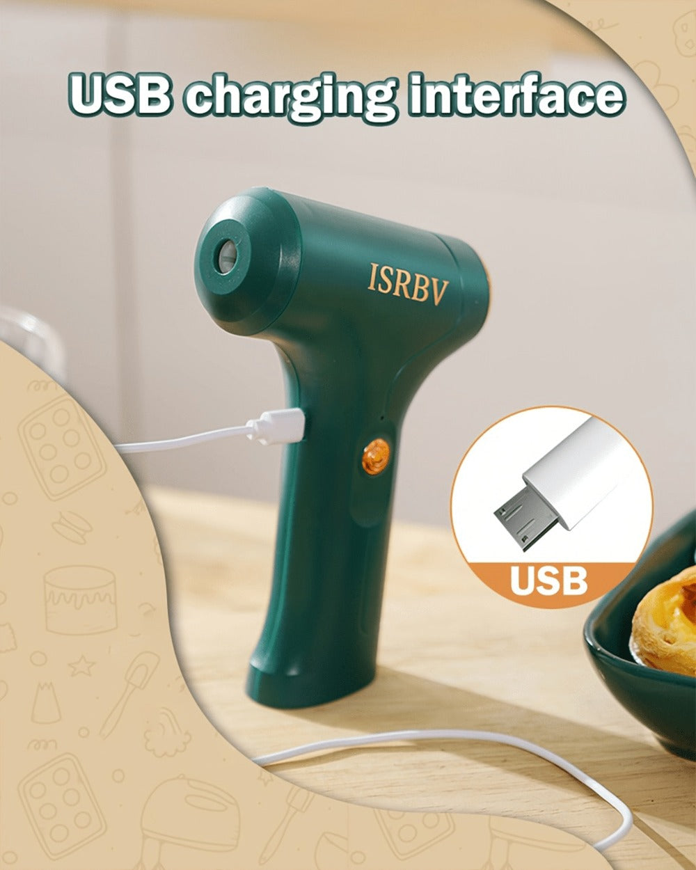 Cordless Electric Hand Mixer Mini USB Rechargeable Whisk Beater 1500RPM for Whipping Cream for Home Cooking, Dining and Outdoor Meals