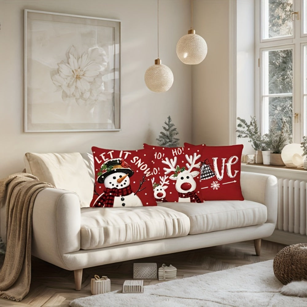 Four-Piece Christmas Pillow Cover Set, 17.72 x 17.72 Inches with Reindeer, Snowman and Holiday Typography