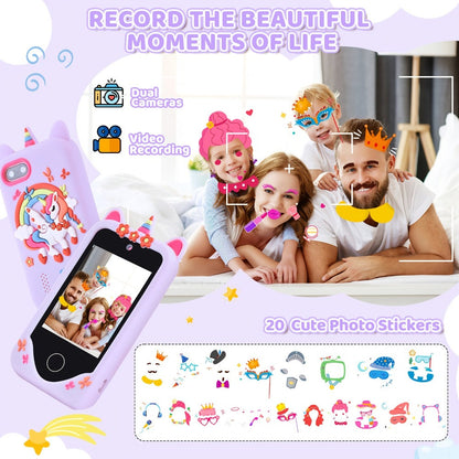 Unicorn Toy Phone in Pink or Purple with Dual Cameras, Touchscreen Interface and 32GB SD Card Label
