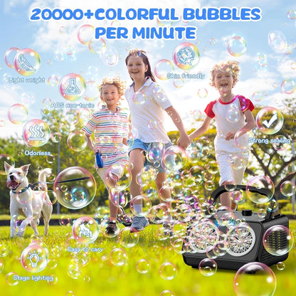 White Dual-Wheel Bubble Machine with Material Thickened Label, Handle, USB Port and Battery Compartment