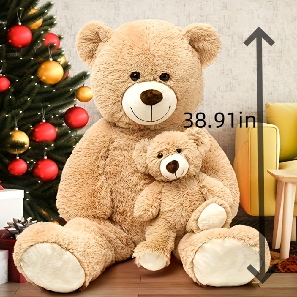 Stuffed Animal Mommy and Baby Teddy Bear Two-Piece Set in Light Brown with Large Cuddly Design