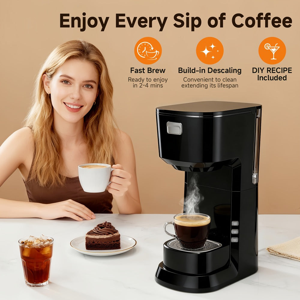 Compact Single-Serve Coffee Maker for Pods or Grounds with One-Button Control and Black or White Finish