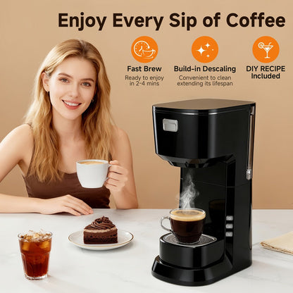 Compact Single-Serve Coffee Maker for Pods or Grounds with One-Button Control and Black or White Finish