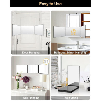 Hair Cutting Mirror 3 Way with LED Light - 360° View Trifold Barber Mirror, Adjustable Height, Door Hang Wall Mount or Tabletop