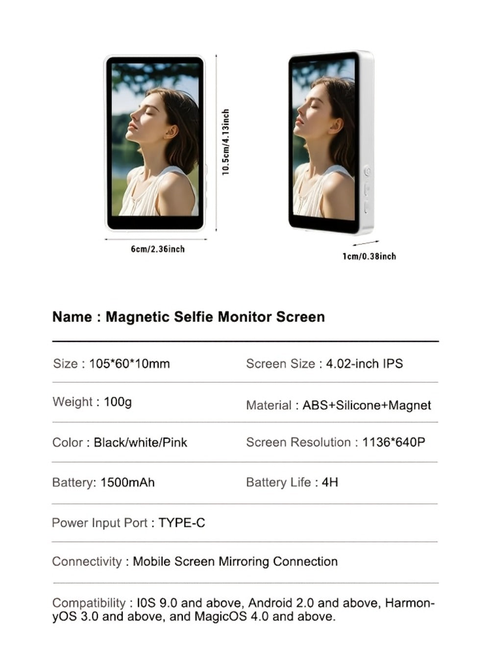 Magnetic Selfie Monitor Screen for Vlogging & Live Streaming, Rear-Facing Main Camera Display for iPhone & Android