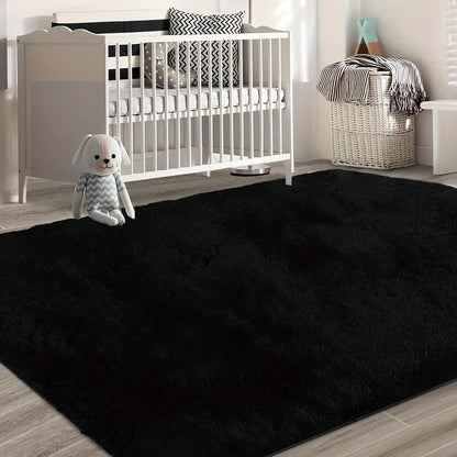 Area Rug, Black Rectangular Shaggy Microfiber Style in 4x6, 5x8, 6x9 or 8x10 Feet with Machine-Wash Care