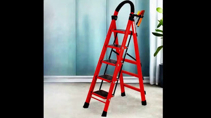 Red Five-Step Folding Ladder, 55.1 Inches Open with Padded Handrail, Side Tool Holder and Ribbed Treads