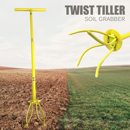 Manual Twist Tiller with Four Curved Soil Claws, Three-Section T-Handle and Yellow or Orange Options