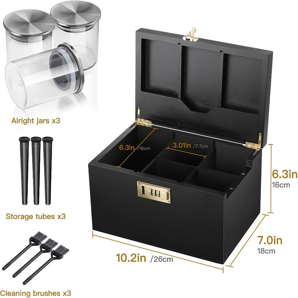 Locking Compartment Storage Box with Sliding Tray, Three Jars, Three Tubes and Cleaning Brushes