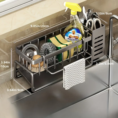 Kitchen Sink Organizer Sponge Holder with Self-Draining Tray Removable Rag Rod Carbon Steel for Home Cooking, Dining and Outdoor Meals