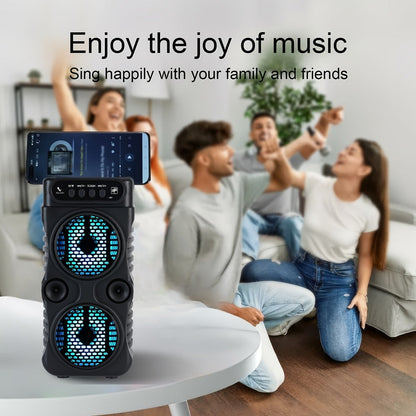Portable Bluetooth Speaker with Dual Subwoofers, Color Lights, TWS, FM, USB, AUX, TF and Mic Input