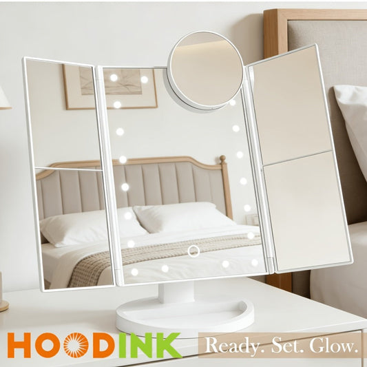 LED Tri-Fold Makeup Mirror with Touch Screen – 1X/2X/3X/10X Magnifying Vanity Mirror, Flexible Adjustable Base, Lighted Travel Mirror for Makeup Desk, Bedroom & Bathroom | Gift for Women
