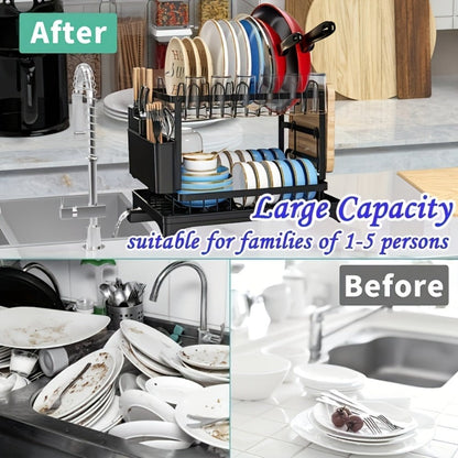 Two-Tier Dish Drying Rack with Rotating Drain Tray, Cup Holders and Black or White Frame Options