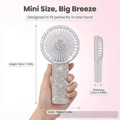 Elegant Silvery Rhinestone Mini Handheld Fan with Type-C Charging, Round Grille and Decorated Handle