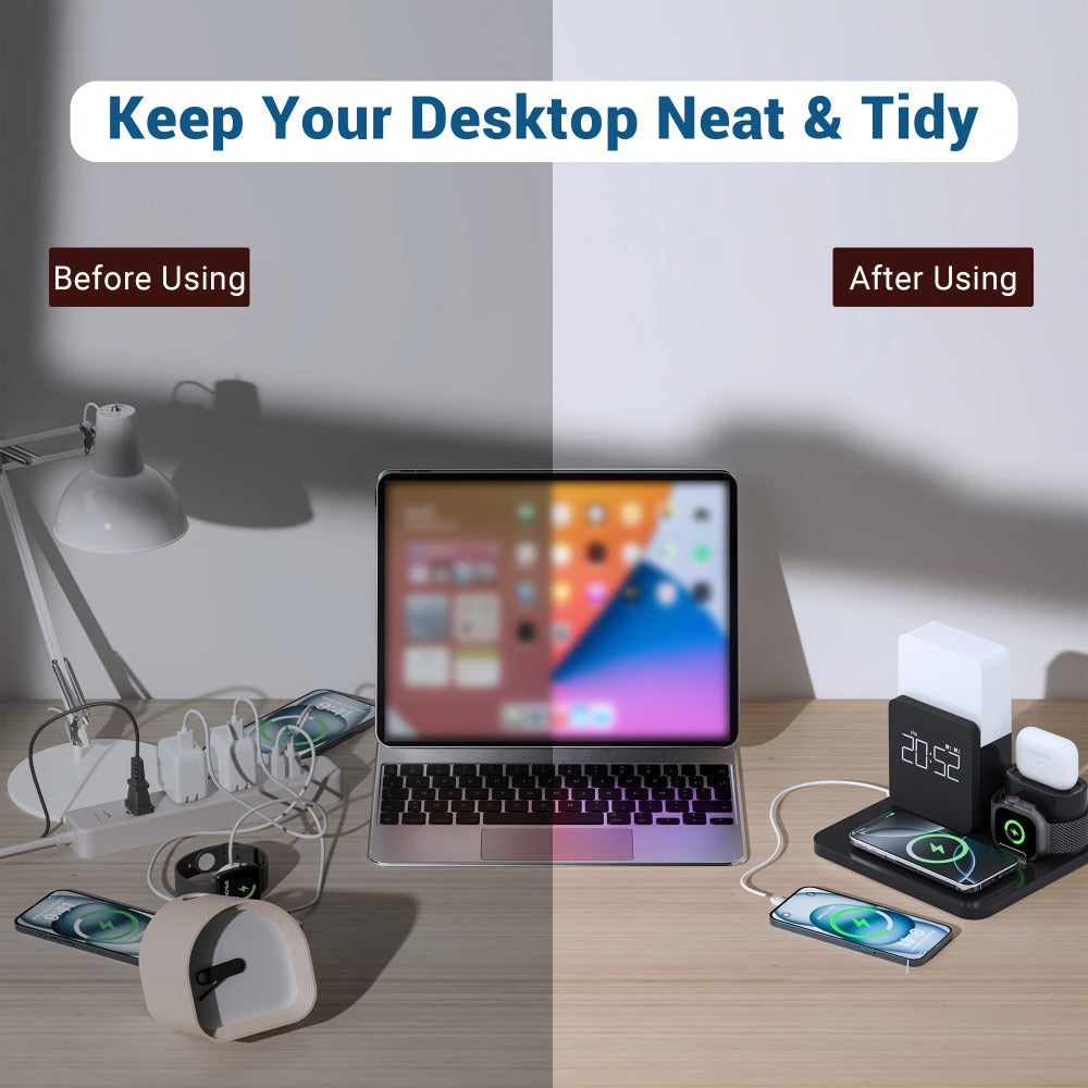 Wireless Charging Station, 3-in-1 Bedside Dock with Alarm Clock for iPhone and Samsung Galaxy Phones