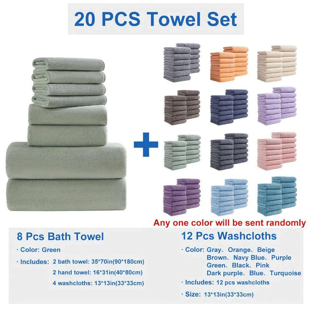 Twenty-Piece Bath Towel Set with Eight Large Towels and Twelve Washcloths in Ten Exact Color Options